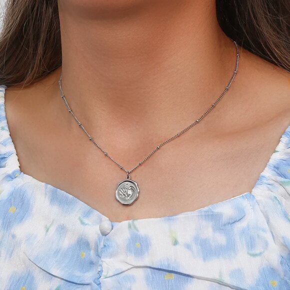 Silver Baby Hand Foot Print Zircon Pendant Necklace 18K Stainless Steel - Picture 4 of 7